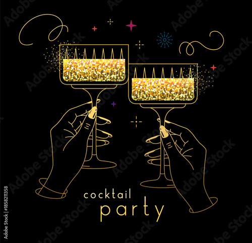 Line art hands with golden cocktails and firework. Cocktail party. Celebration toast with two cocktail glasses. Vector illustration