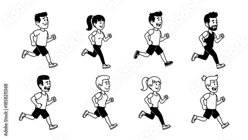 Running people illustration set, various male and female characters jogging with different hairstyles and body types, collection of diverse individuals exercising outdoors