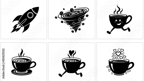Coffee and beverage vector illustration set with stylish black silhouettes of a rocket a coffee bean tornado and cheerful running coffee cups