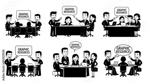 Business people meeting vector illustration set showing men and women working together on graphic resources and design projects in various office settings