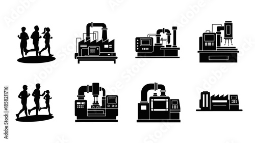 Healthy lifestyle and industrial manufacturing comparison set featuring people running and heavy machinery icons for wellness and production facility vector silhouettes on white background