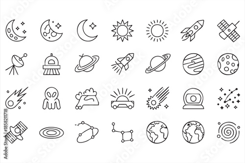Galaxy and Planet Line Icons for Science and Futuristic Visuals