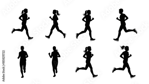 Collection of eight dynamic black silhouettes of running people, including both men and women in various active poses, representing fitness and healthy lifestyles