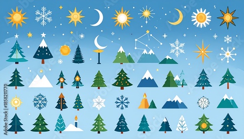 Winter Wonderland - A Collection of Flat Design Elements for Seasonal Landscapes and Weather.