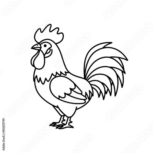 Cute cartoon vector illustration of a rooster and hen isolated on white background featuring a colorful cockerel bird with a black silhouette and detailed feathers for farm poultry animal icons