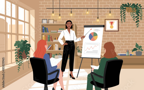 A confident businesswoman stands before a presentation board, engaging her audience with insightful data and visual representation, depicting professionalism and charisma.