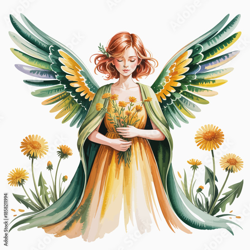 An angel lovingly holds dandelions surrounded by vibrant flowers, symbolizing nature's beauty, grace, and the connection between spirituality and the earth.
