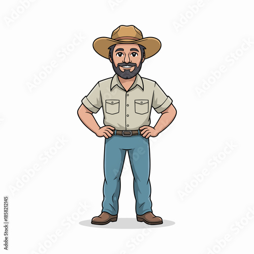 A cheerful man wearing a wide-brimmed hat and a casual shirt stands confidently with a warm smile, embodying a friendly and approachable demeanor in a sunny setting.