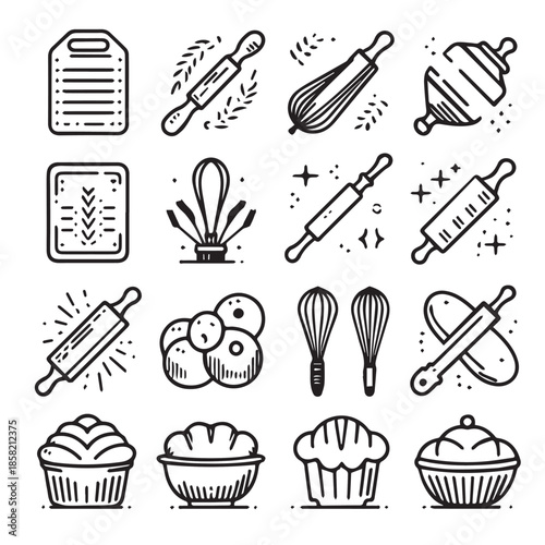 Flat vector icons of bakers, featuring bread and pastry utensils in geometric line style