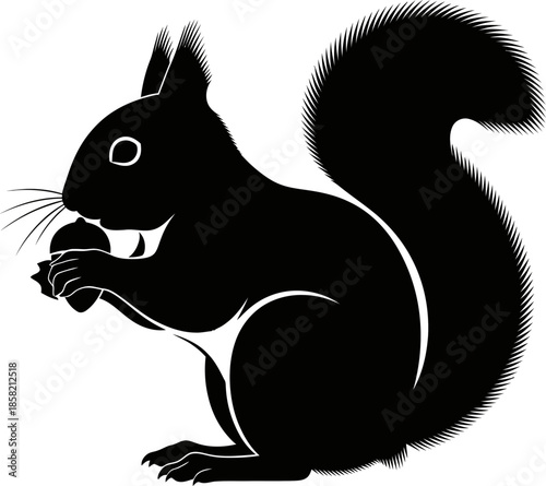 Striking Black Silhouette of a Squirrel Holding an Acorn Isolated on White Background Vector Illustration forest animal