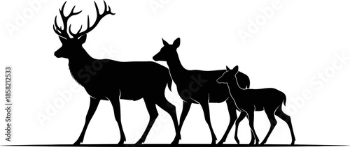 Majestic Stag Leads Family of Deer Silhouette Elegant Wildlife Illustration for Nature Themes forest animal