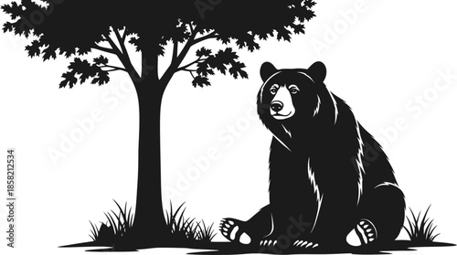 Black Bear Sitting Under a Tree in Silhouette Wildlife Nature Design Element forest animal