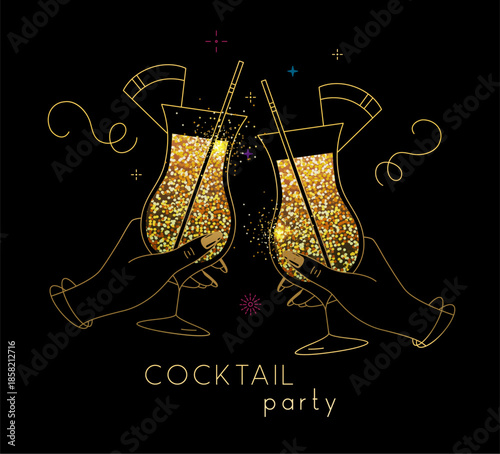 Line art hands with golden cocktails and firework. Cocktail party. Celebration toast with two cocktail glasses. Vector illustration