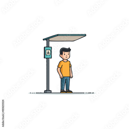 Whimsical illustration of a young man patiently awaiting public transportation at a simple bus