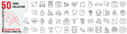 
Valentine’s Day Editable Stroke Outline Icon Set – Love, Heart, Dating, Gift and Relationship Symbols, Thin linear style icons pack vector illustration