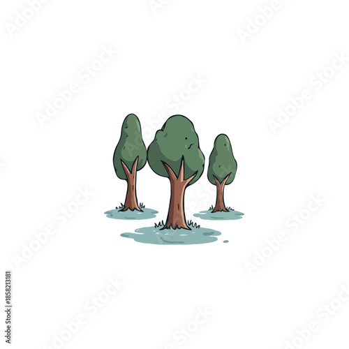 Whimsical tree grouping artistic representation verdant foliage tranquil scene peaceful woodland