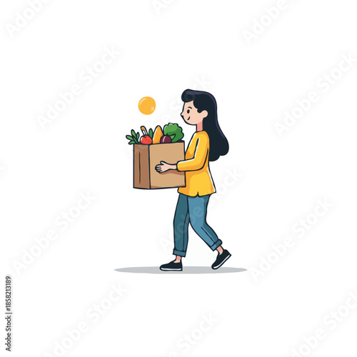 Woman cheerfully carrying grocery bag filled with vibrant fresh produce under warm sunlight