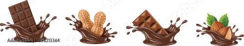 Chocolate splash dessert illustration with chocolate bars, peanuts, almonds and cocoa, sweet confectionery food collection design