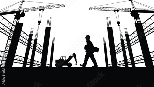 Construction site silhouette with cranes and worker, industrial building framework, heavy machinery, engineering development, infrastructure project illustration concept