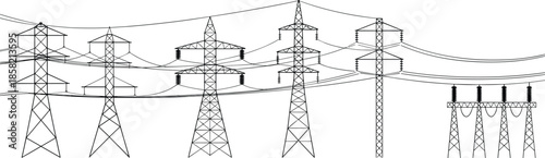 High voltage power transmission towers silhouette collection with overhead lines, electricity grid infrastructure, energy distribution, industrial engineering illustration