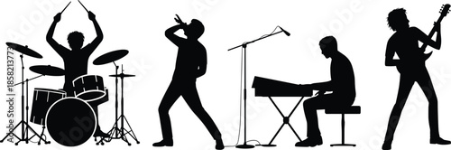 Rock music band silhouette performing live on stage, singer drummer guitarist keyboardist, concert performance, music festival illustration concept