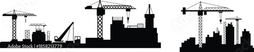 Urban construction skyline silhouette with tower cranes and buildings, city development, industrial architecture, engineering infrastructure illustration concept