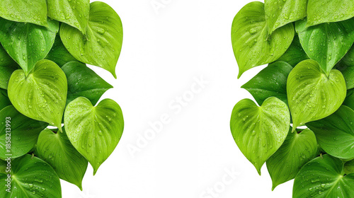 Fresh vibrant green foliage adorned with dew drops symmetrically framing an empty space