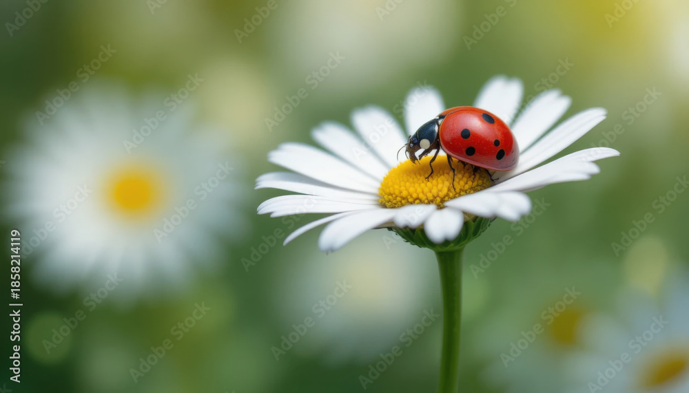 Obraz premium Ladybug sitting on daisy with white petals and yellow center in garden setting