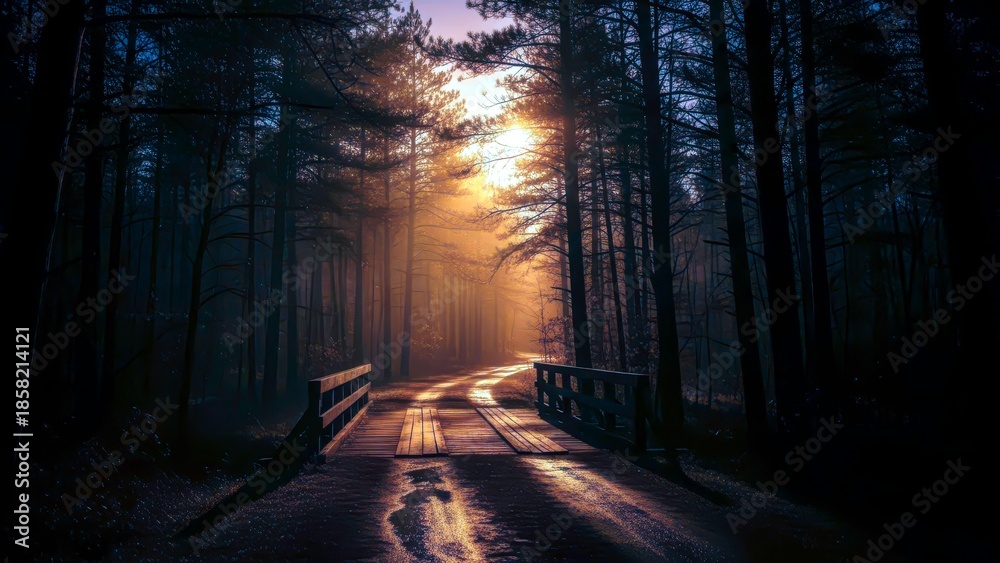 Fototapeta premium Sunlit Forest Road with a Wooden Bridge and Vibrant Reflections at Dawn