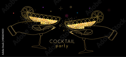 Line art hands with golden cocktails and firework. Cocktail party. Celebration toast with two cocktail glasses. Vector illustration