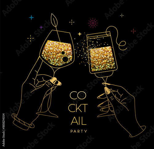 Line art hands with golden cocktails and firework. Cocktail party. Celebration toast with two cocktail glasses. Vector illustration