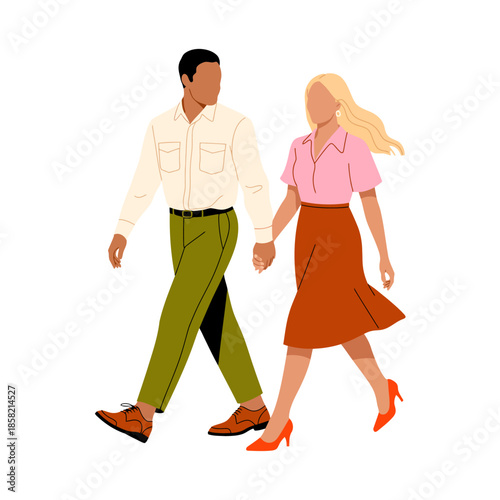 This image portrays a fashionable couple holding hands and strolling together in an urban environment, symbolizing companionship, style, and modern relationships.