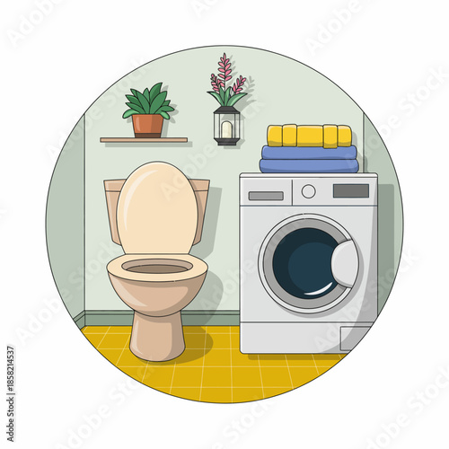 A brightly colored bathroom featuring a toilet and washing machine, with decorative elements like plants and towels that contribute to a cozy and homey atmosphere.