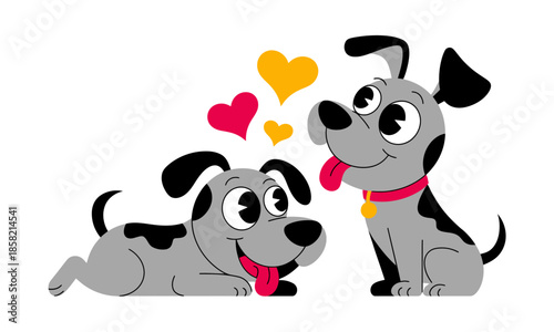 The image shows two cartoon dogs, one lying down and the other sitting up, with colorful love hearts, capturing affection and joy in a playful and whimsical manner.