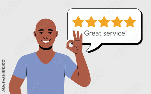 A happy customer gives a five-star rating, highlighting the importance of great service and customer satisfaction in the modern marketplace, signaling positive experiences.