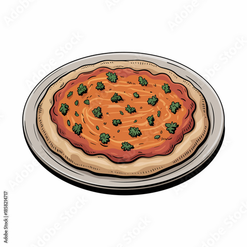 An appetizing pizza topped with fresh ingredients is presented on a rustic plate, showcasing the joy of homemade cooking and the art of preparing delicious meals.