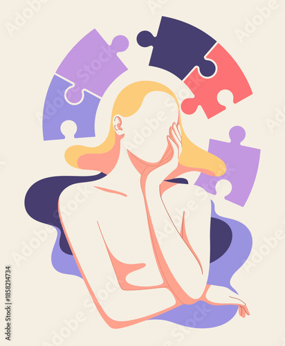 An abstract illustration depicting a contemplative woman with puzzles as a backdrop, symbolizing self-reflection, thought process, and the search for completeness in life.