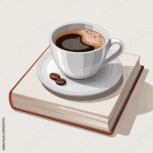 An artistic representation of a white coffee cup on an open book, symbolizing moments of relaxation, reflection, and the joy of reading with a warm drink in hand.