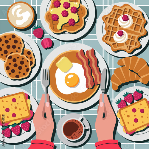 An appetizing spread of various breakfast items including pancakes, eggs, and fruit, artfully arranged on a picnic table, inviting viewers to savor the morning feast.
