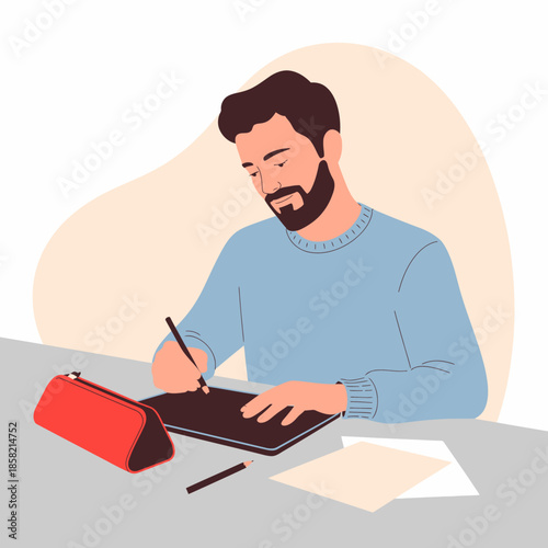 This illustration showcases a young man concentrating on his sketching while seated at a cozy workspace, emphasizing the importance of creativity and personal expression.