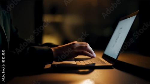 Close-up of a person's hands typing on a laptop in a dimly lit environment