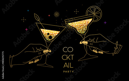 Line art hands with golden cocktails and firework. Cocktail party. Celebration toast with two cocktail glasses. Vector illustration