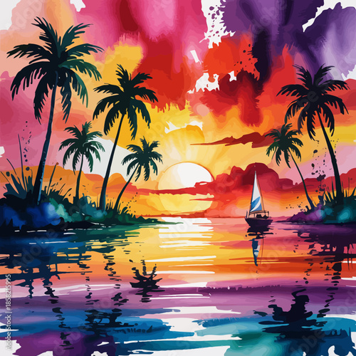 This captivating artwork showcases a vibrant sunset over calm waters with a sailboat and lush palm trees framed against a multicolored sky, creating a serene atmosphere.