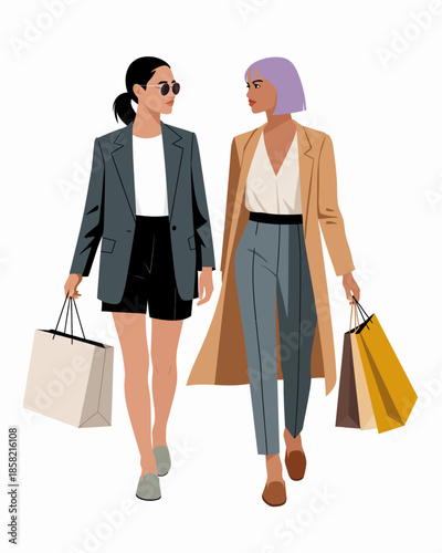 This image showcases two fashionable women walking together with shopping bags, illustrating modern trends in fashion, friendship, and the joy of exploration in style.