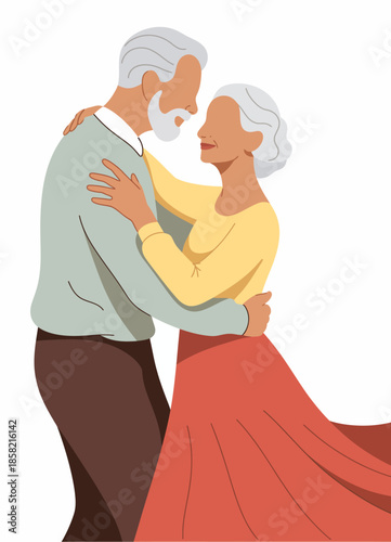 This beautiful illustration captures an elderly couple dancing closely together, radiating love and intimacy in a heartwarming moment that celebrates their lifelong bond.