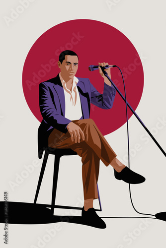 An artistic representation of a performer seated confidently with a microphone, exuding charisma and style against a backdrop of bold red, ideal for music lovers.