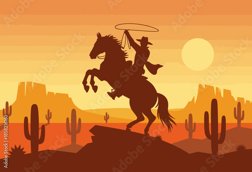A dynamic silhouette of a cowboy skillfully riding a horse in a striking desert landscape, capturing the spirit of adventure and freedom amidst the warm hues of a sunset sky.
