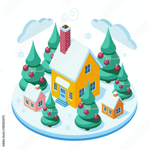 A picturesque winter scene showcasing a cozy house surrounded by decorated trees, snowflakes, and a chimney, perfect for capturing the holiday spirit and festive cheer.