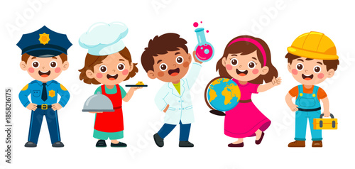 This colorful illustration showcases children dressed as various professionals, including a police officer, chef, and doctor, promoting imagination and excitement about careers.