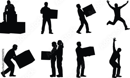Black silhouettes of people moving boxes, delivery workers carrying packages, person jumping for joy, and man sitting on cardboard boxes, courier logistics vector illustration.
